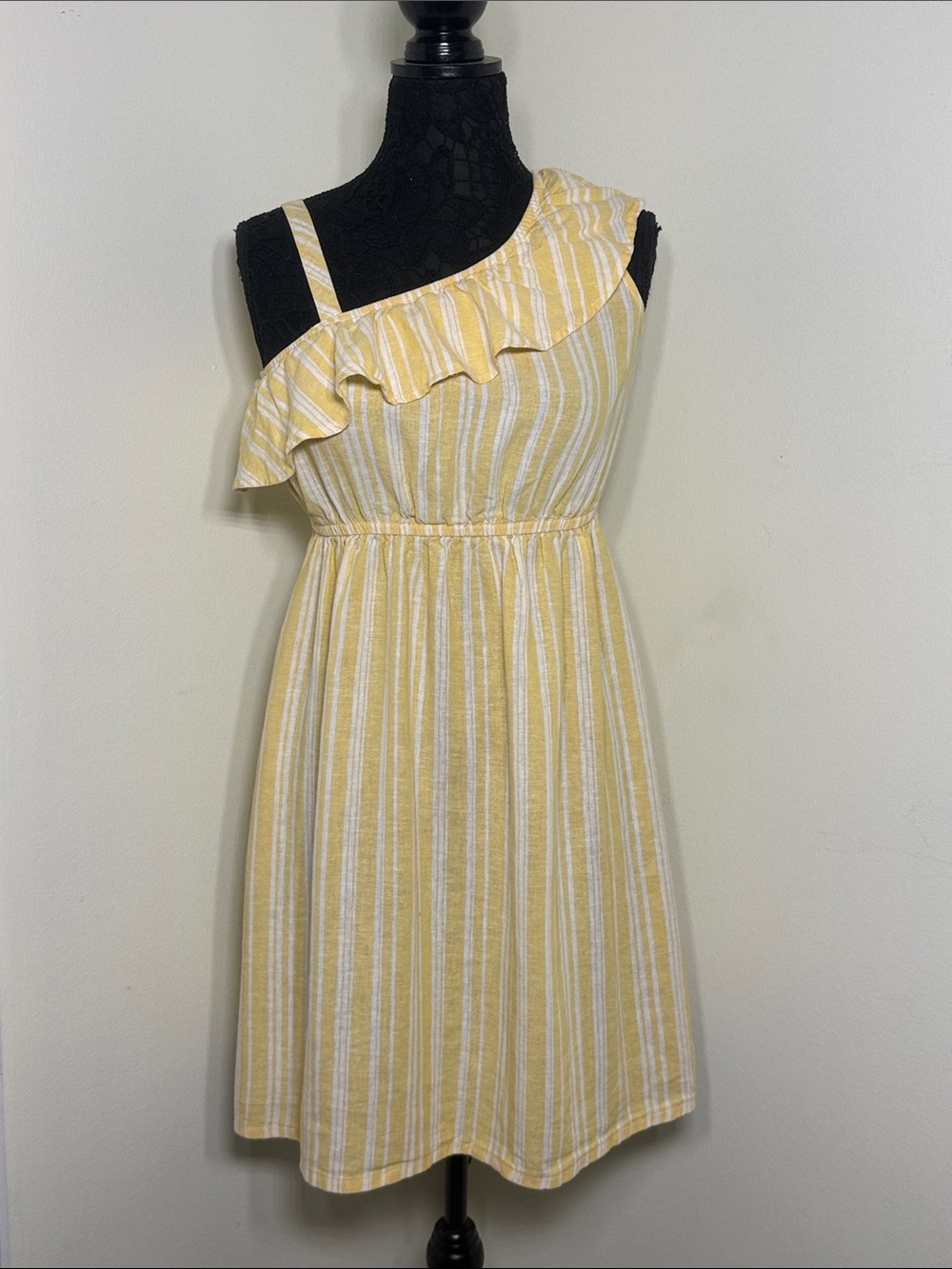 Wonder Nation Yellow & White Striped One-Shoulder Ruffle Dress | Size XL (14/16)
